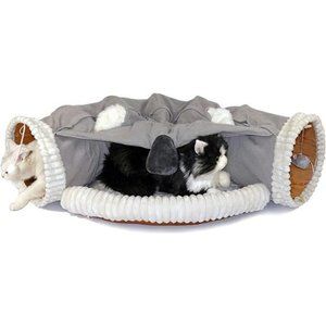 2-in-1 Cat Play Tunnel w/ Cushion, Dangling Ball Toy, Collapsible Tunnel  Gray